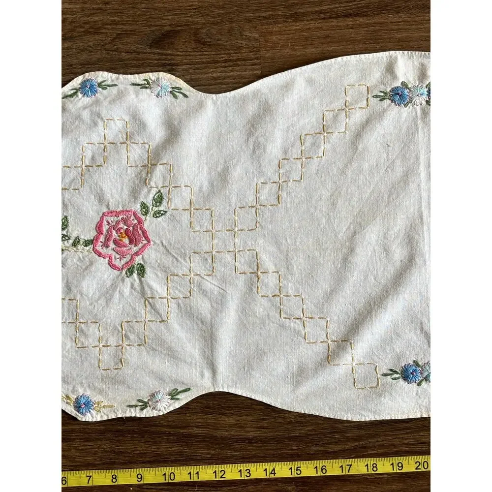 Antique Floral Embroidery Table Runner 16x39 White Cotton Rainbow Boho Scalloped